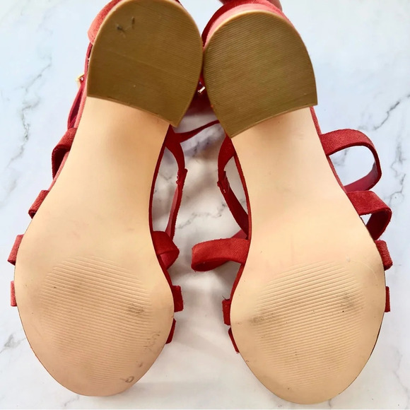 Bleecker & Bond Mindy Heels Womens Size 8 Cage Chunky Sandals Red Suede Strappy - Picture 10 of 12